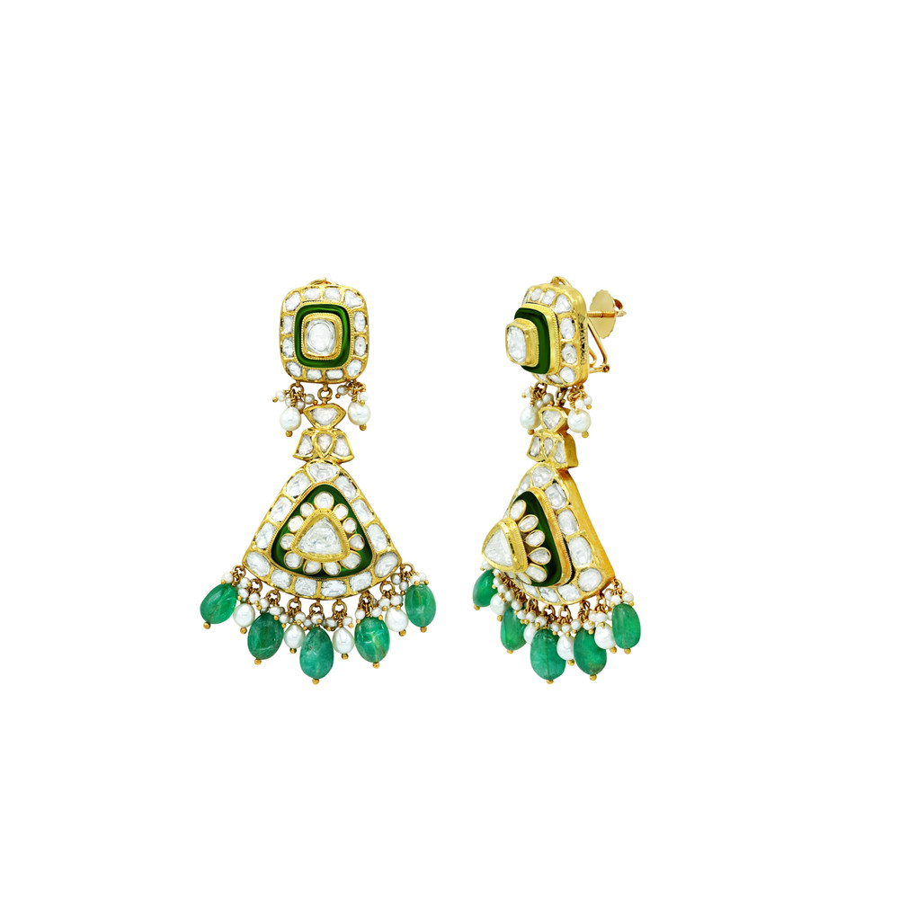Polki Choker Set with Green Enamel and Emerald Drop Details